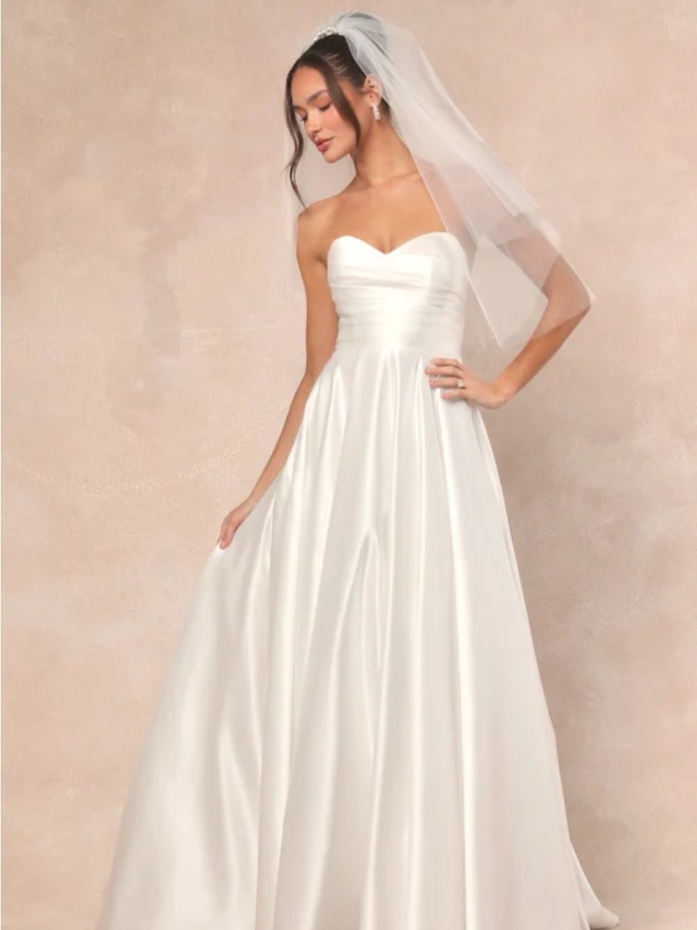 Lulus Khalida White Satin Pleated Strapless Wedding Dress Bridal Gown NWT M